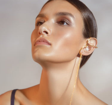 Gold Pearl Ear Cuff with Chain