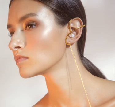 Gold Pearl Ear Cuff with Chain