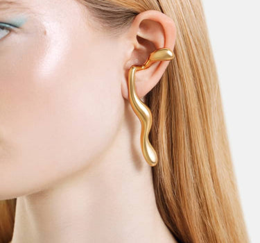 gold liquid earrings that hook around the ears