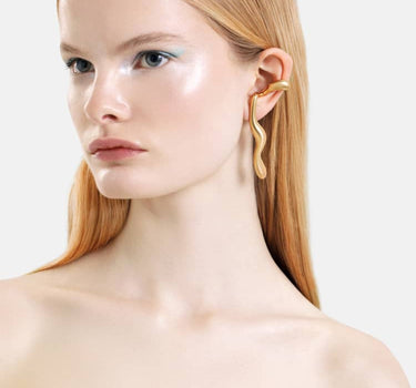 gold liquid earrings that hook around the ears