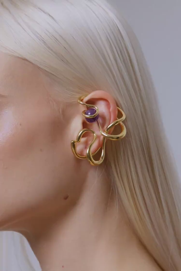 Amethyst Oversized Ear Cuff in Gold